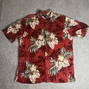 Vintage Lands End Shirt Mens L Red‎ Green Floral Hawaiian Short Sleeve Rayon